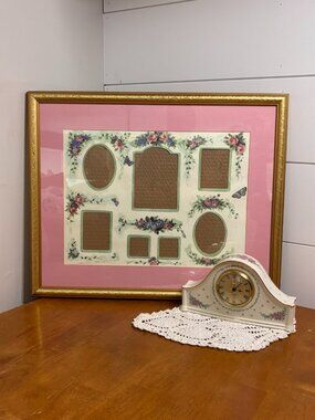 VTG Lenox Floral Mantel Clock Julie Pearson Matte MultiPhoto Frame Doily 3Pc Set